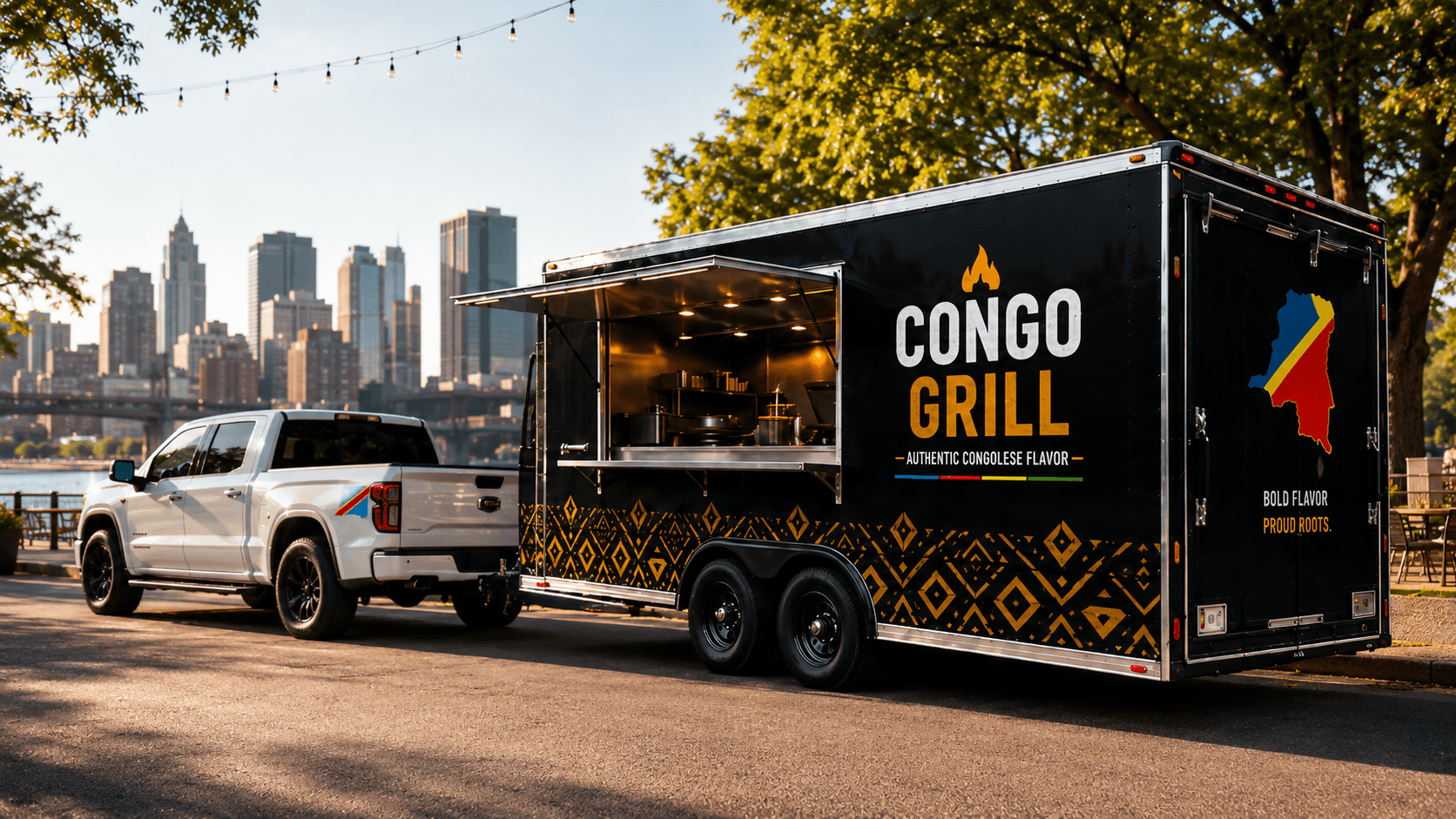 Congo Grill black trailer and white Silverado at a waterfront park with city skyline and string lights